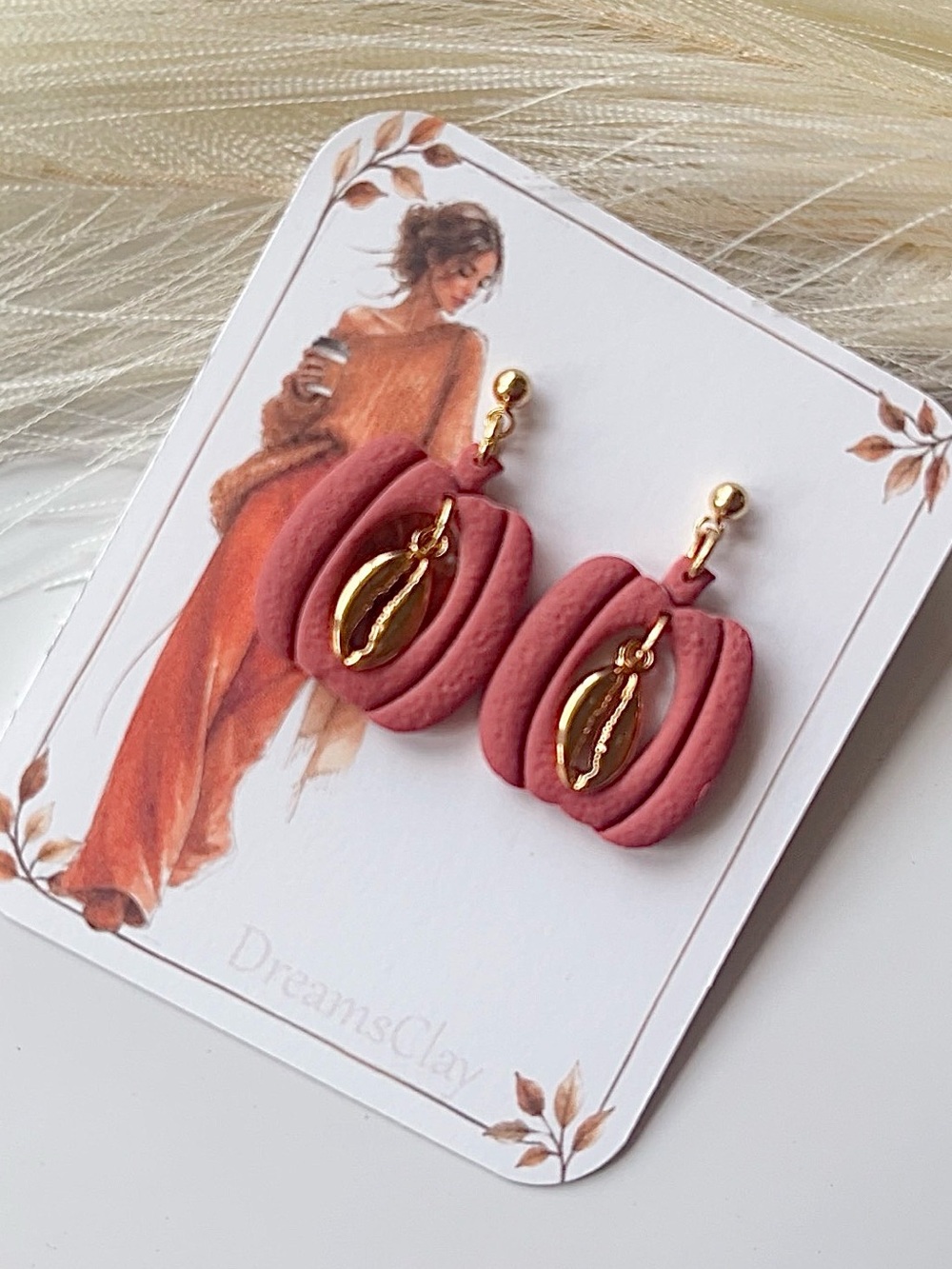 Terracotta Gold Shell Dangle Earrings